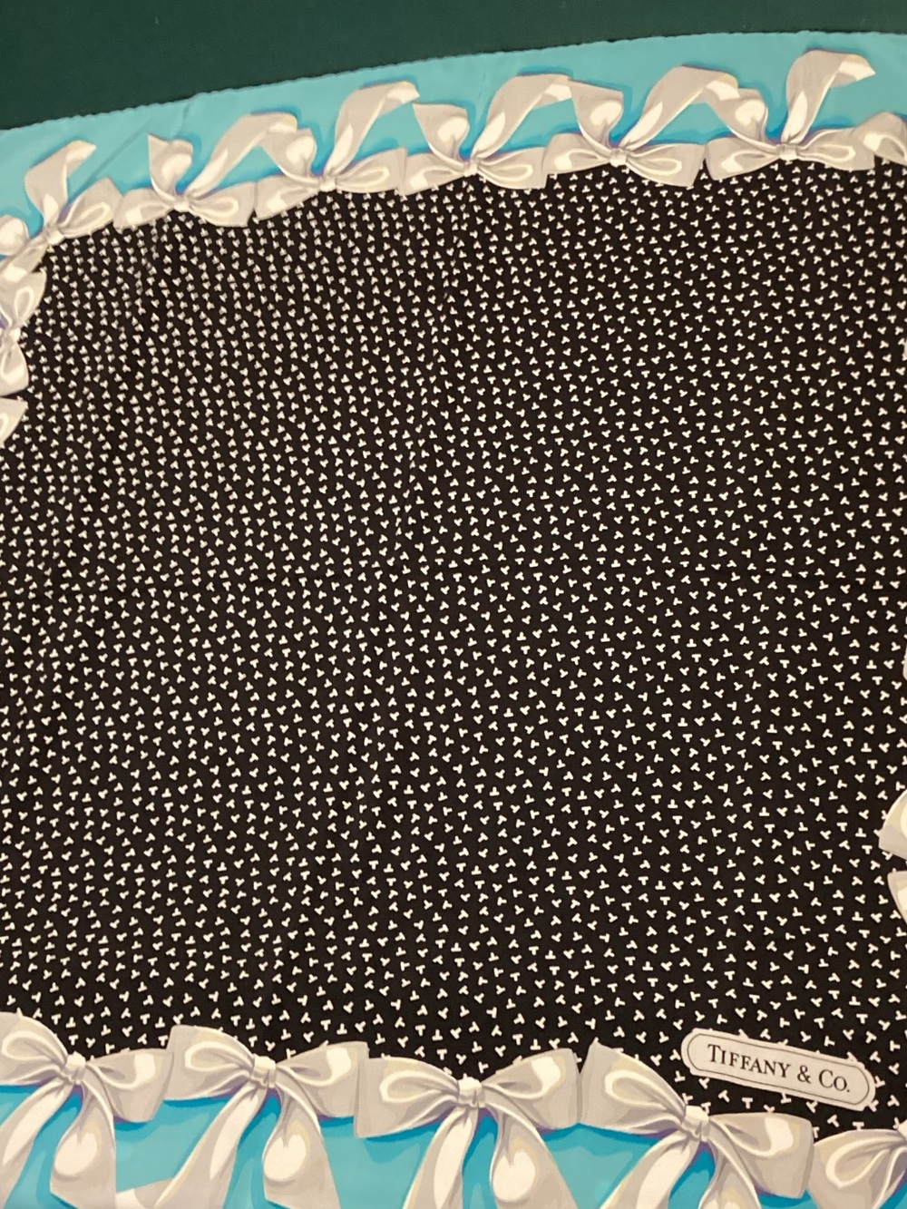 Tiffany & Co. Black Heart Print Scarf with Tiffany Blue Ribbon Border - Picture 8 of 10